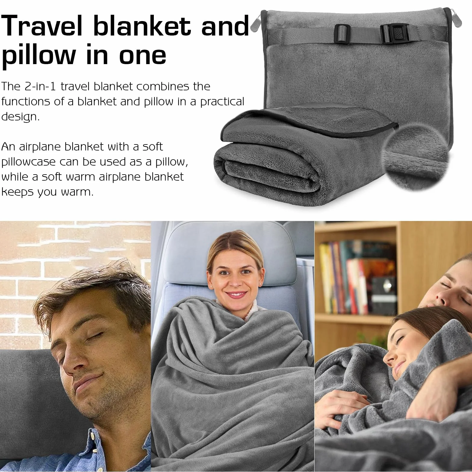 Coperta Cuscino 2 in 1 Grigia Ultraleggera Morbida e Calda per Viaggio e Auto 127×152cm