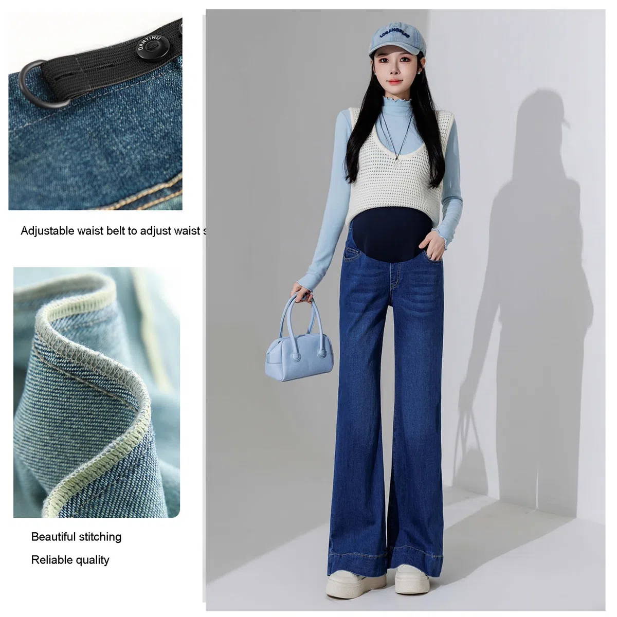 Jeans in gravidanza Bootcut con vita regolabile – Eleganti pantaloni in denim con tasche per donne fino a 175 cm – Jeans stretch Bootcut per donne incinte