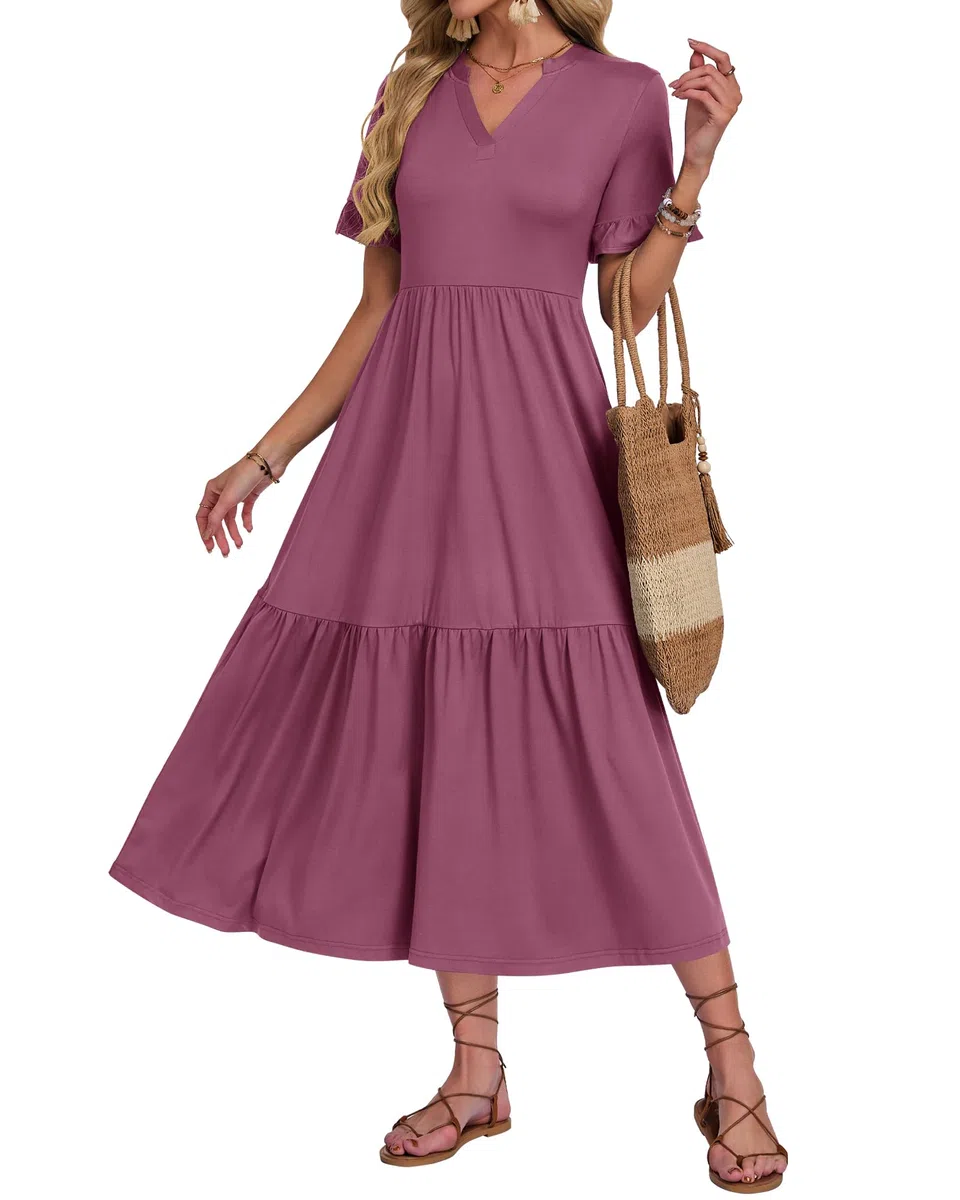 AUSELILY Vestito Donna Estivo Lungo Manica Corta a Volant Scollo V Vestito da Mare Spiaggia Lungo Abito Casual Elegante con Tasche