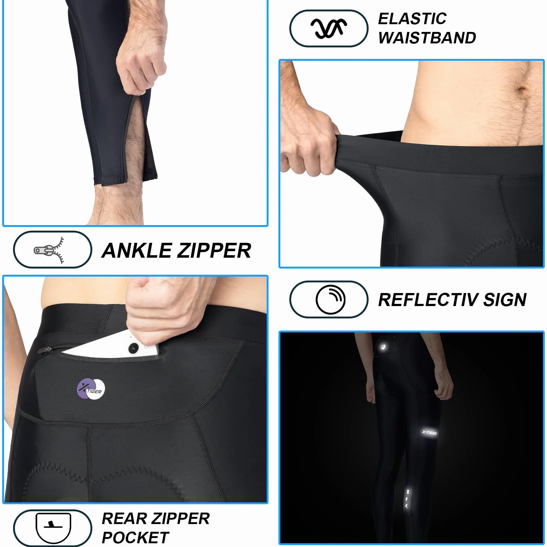 X-TIGER Pantaloni Lunghi Ciclismo Uomo con Imbottito Compression Mutande MTB Pantaloni Traspirante Asciugatura Rapida con 3 Tasche
