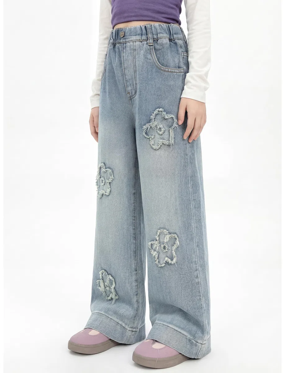SEAUR Jeans da ragazza a gamba larga Bootcut elastico in vita pantaloni larghi in denim da ragazza jeans larghi in cotone gamba dritta