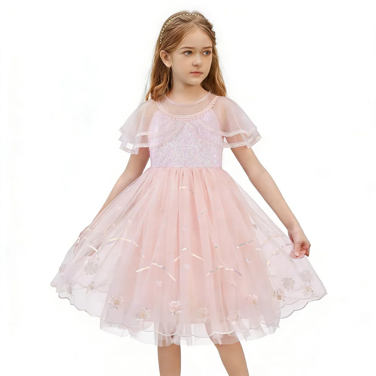 100-150 Vestito da Principessa per Bambina con Paillettes,Vestito Elegante Bambina in Tulle A-Line con Rete,Abiti per Bambina,Vestito Festivo,Vestito Estivo per Bambina per Feste,Compleanni,Carnevale