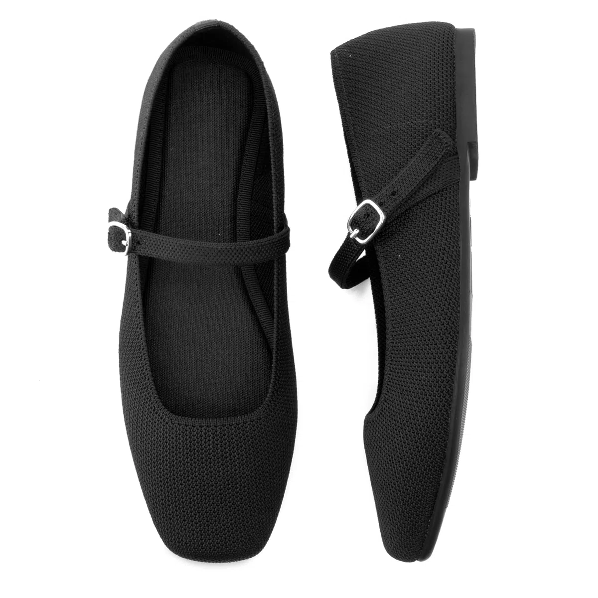 Soesyi Ballerine da donna in maglia con punta quadrata casual con cinturino alla caviglia, scarpe Mary Jane da donna comode per ufficio elegante