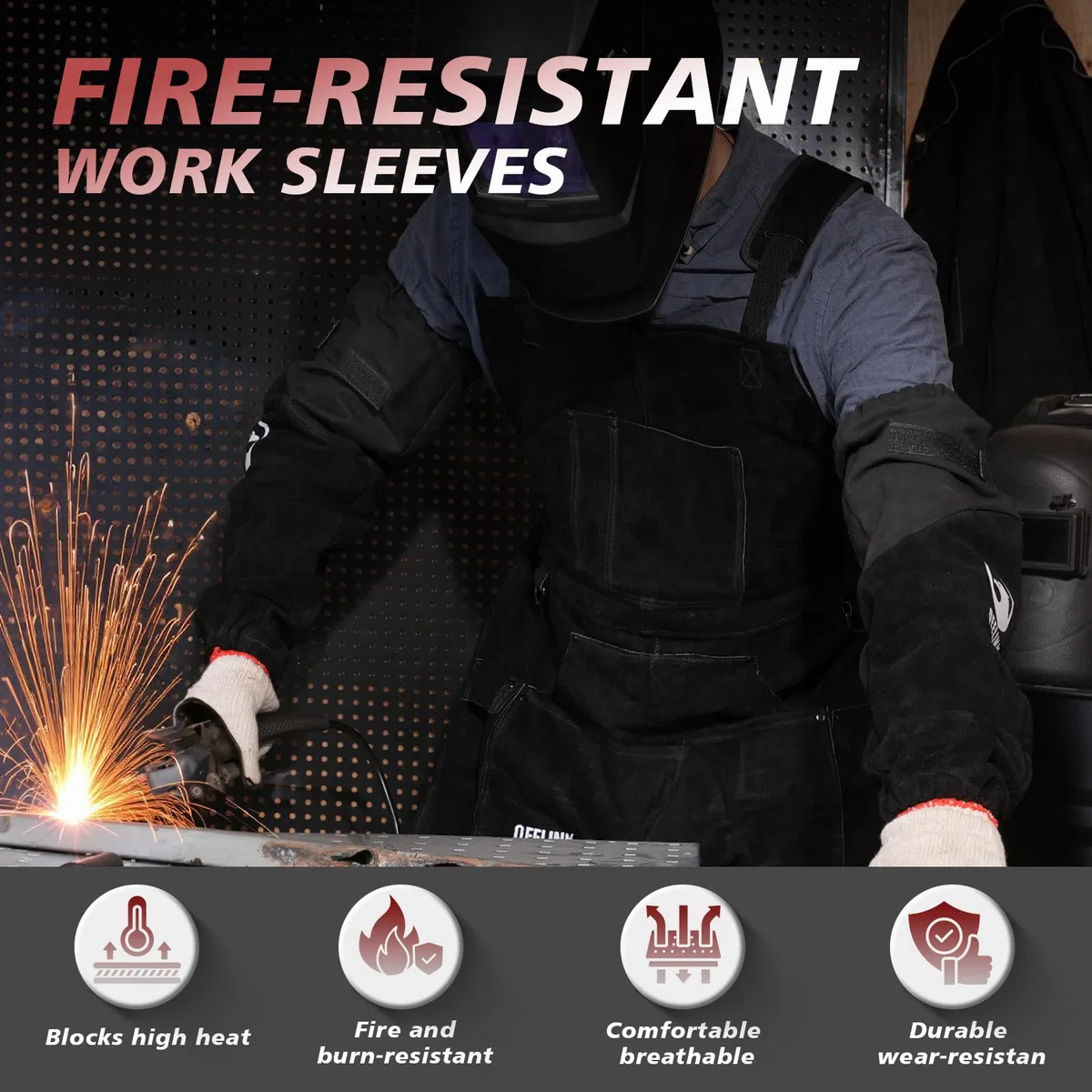 QeeLink Maniche da Lavoro per Saldatura in Pelle - per Uomini e Donne Resistenti al Calore e alle Fiamme con Cuciture in Kevlar e Fodera in Cotone
