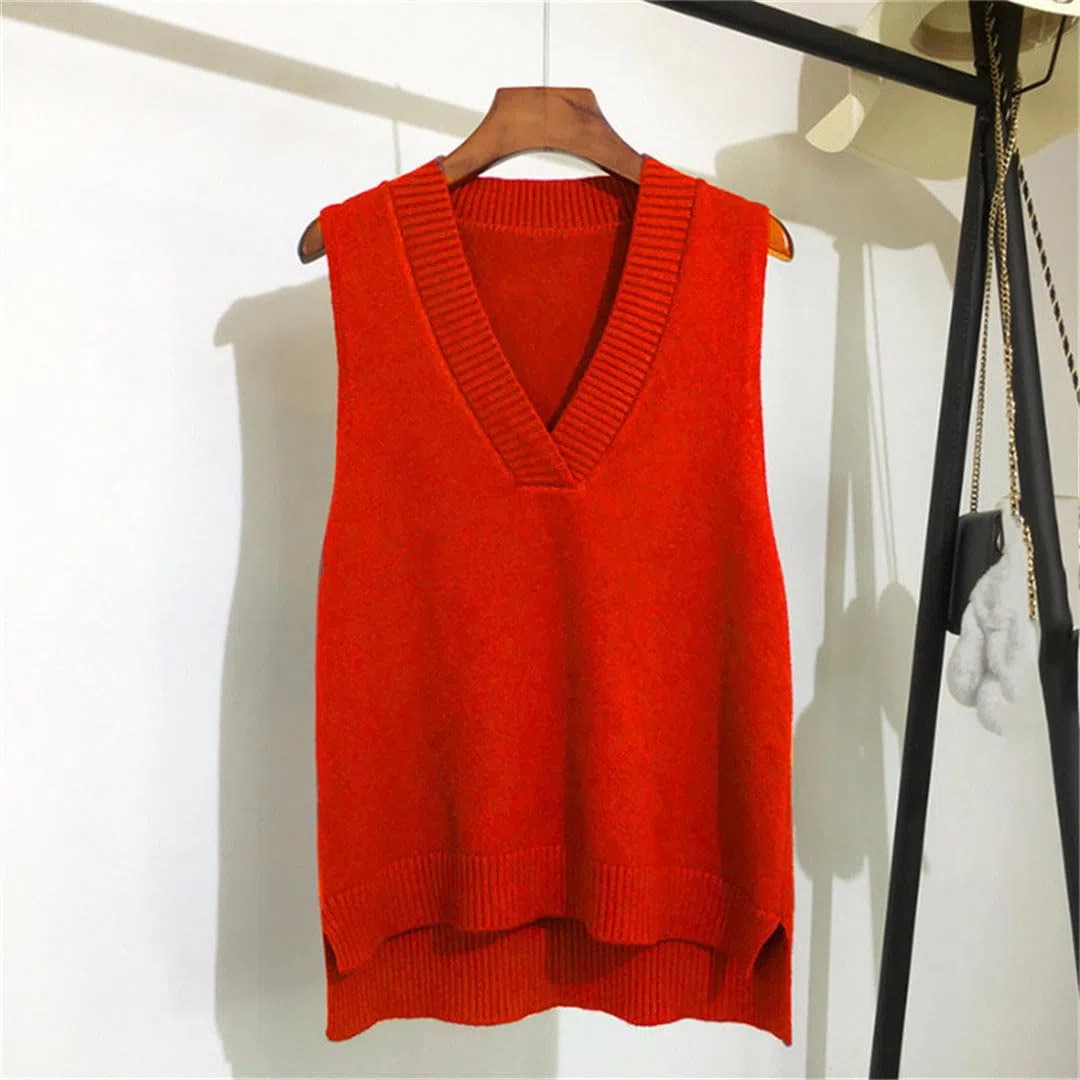Maglione da donna semplice con scollo a V retrò gilet lavorato a maglia maglione sciolto senza maniche camicia di fondo pullover gilet casual