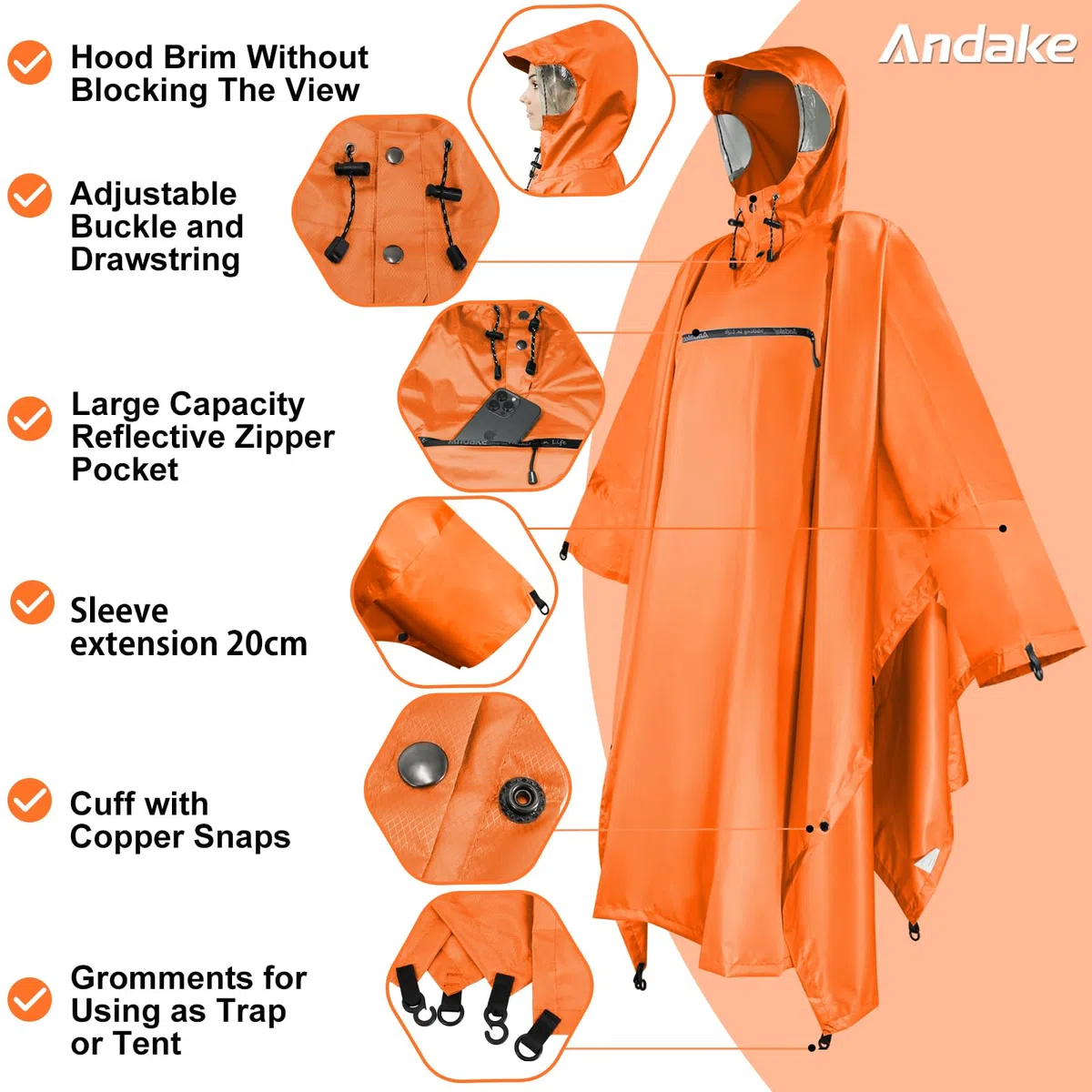 Andake Poncho Uomo Donna Impermeabile Unisex Giacca da Pioggia Antivento Resistente alle Rughe Impermeabile riutilizzabile per Campeggio Escursionismo Outdoor e Uso Quotidiano