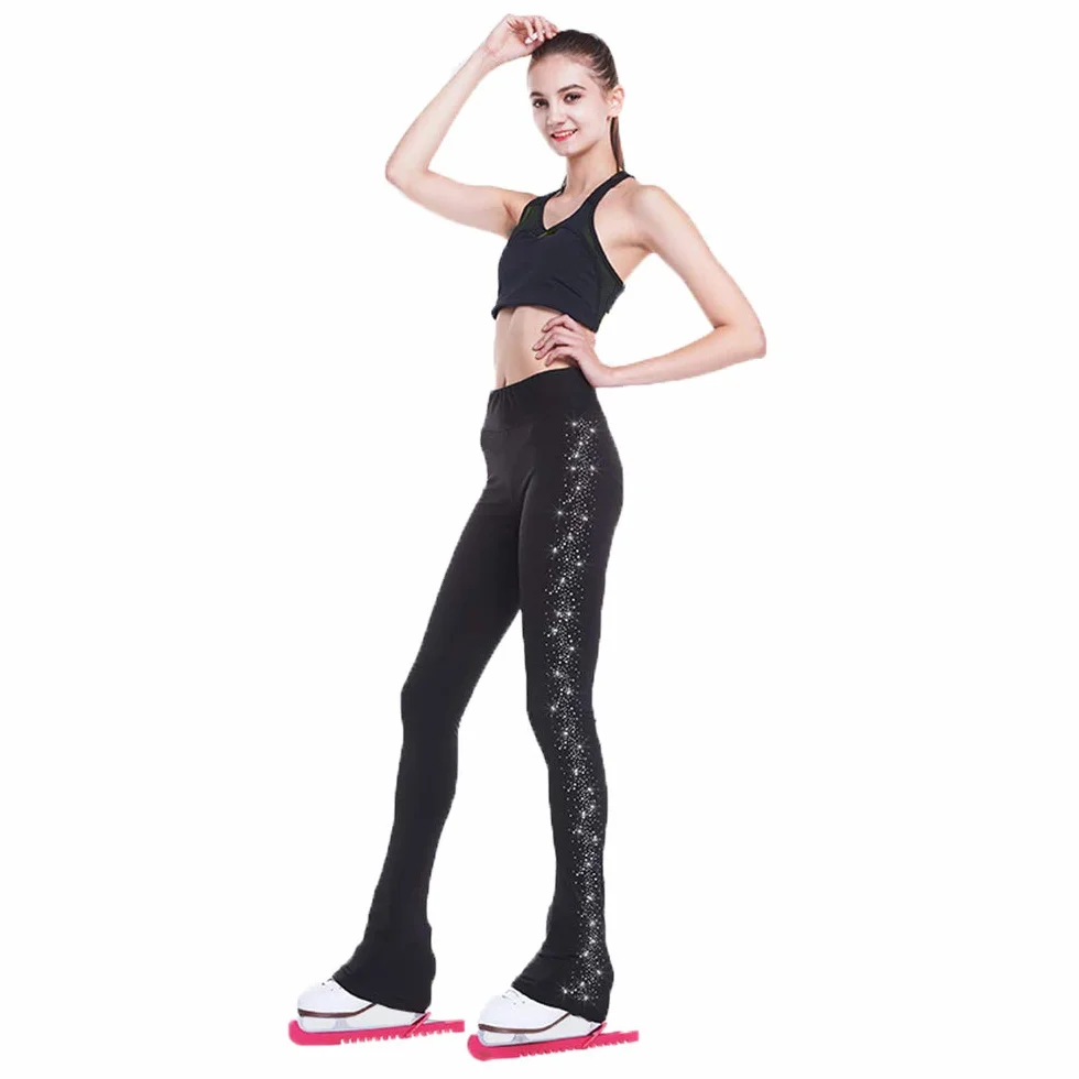 LIUHUO Pantaloni da Pattinaggio Artistico per Ragazze Abbigliamento da Allenamento Cristalli di qualità Leggings Neri per Pattinaggio Bambini