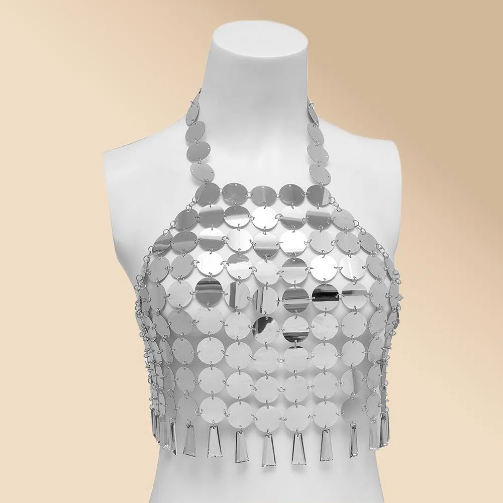 1Pc Argento Paillettes Bikini Top Estate Spiaggia Nappa Plastica Vestito Halter Schiena Scoperta Crop Top Reggiseno Sexy Catena Corpo Canotte Traforate Gioielli Catene Petto per Donne Nightc