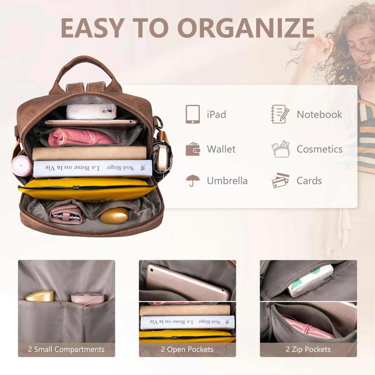 Zaino Donna Elegante in Pelle, Borsa Antifurto Impermeabile Daypack Moderno per Viaggio, Lavoro, Scuola - Cuoio con Tasche Multiple