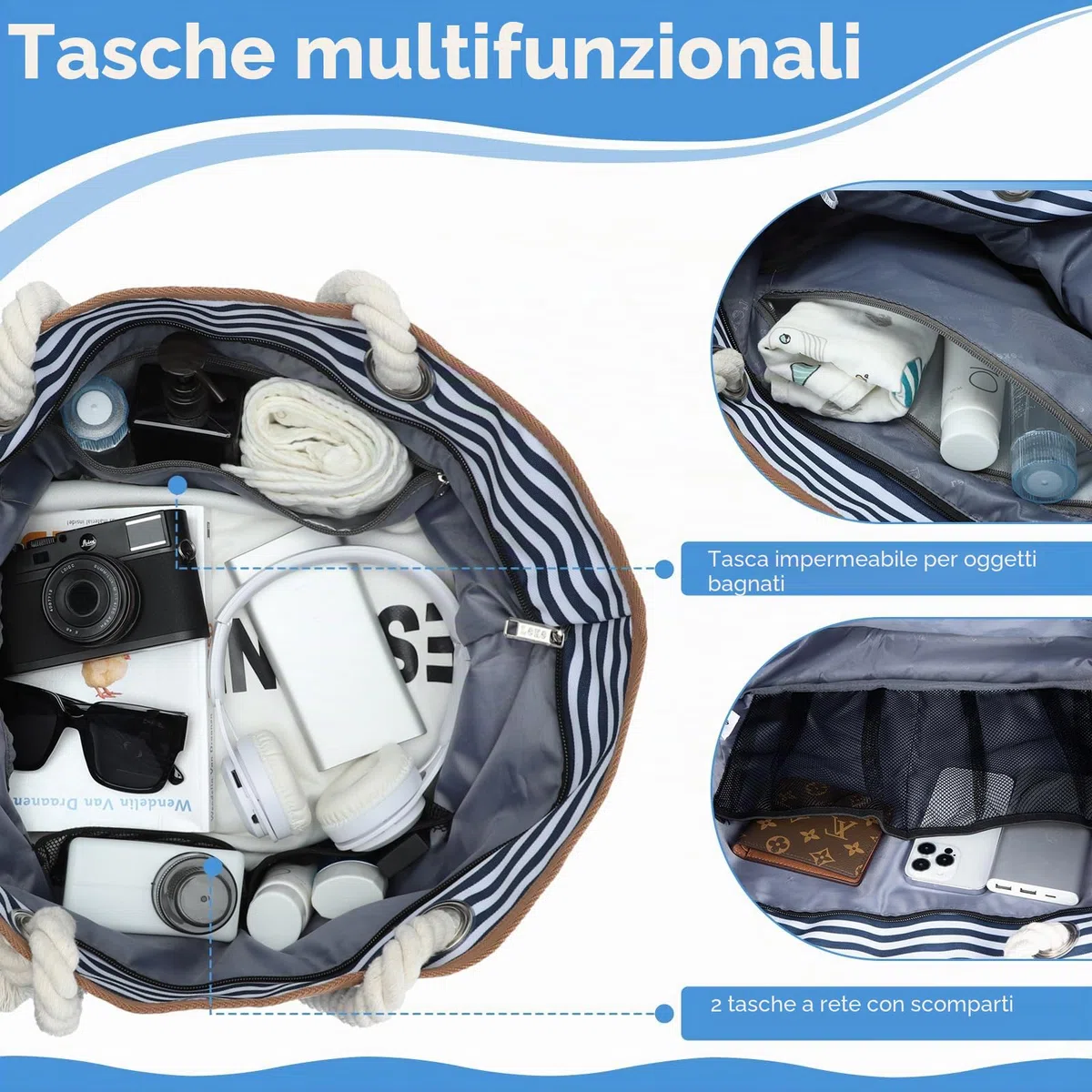 Borsa Mare Donna 40L,Borsa Spiaggia Grande XXL Famiglia con Scomparto Scarpe Separato,Multifunzionale Borsa Spalla Shopper Bag Donna con Cerniera,per Shopping Viaggio Sportiva,Strisce