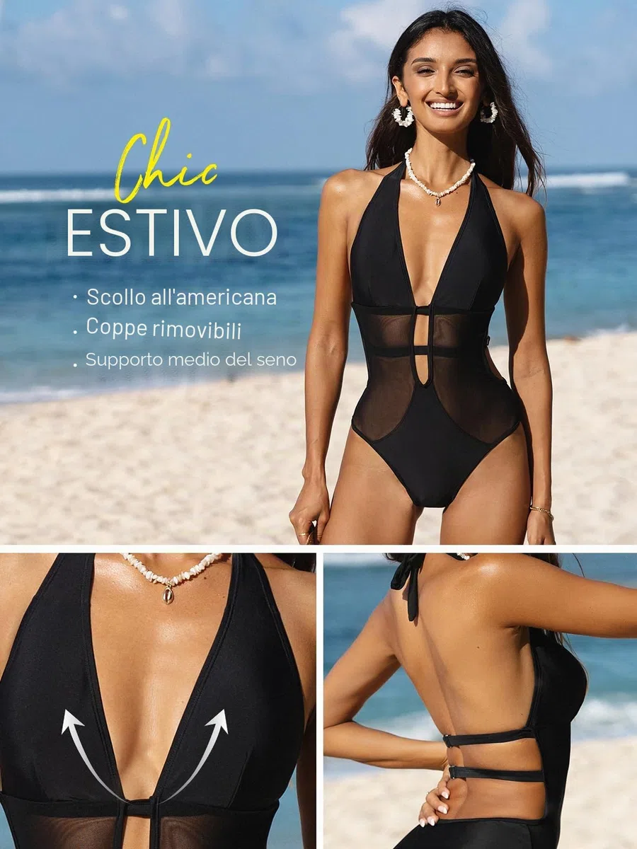 CUPSHE Costume da bagno intero da donna con scollo a V profondo e allacciatura posteriore in rete