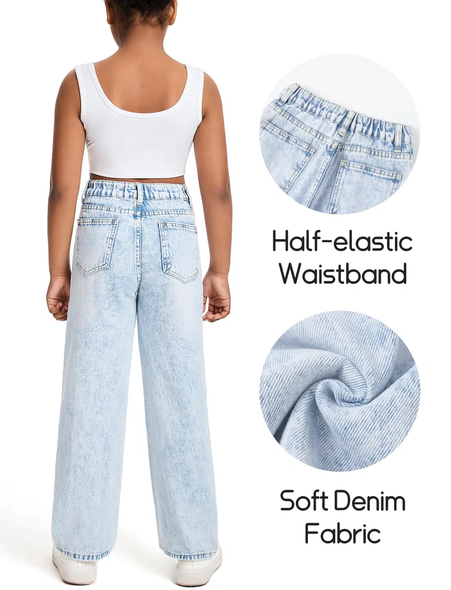 Happy Cherry Jeans Strappati Ragazze Vita Alta Elastica Baggy Casual Gamba Larga Lavato Denim Pantaloni Vintage Blu Pants con Tasche per Bambina 7-14 Anni