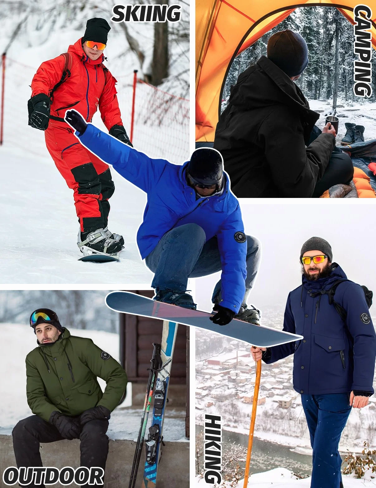 Voqeen Uomo Giacca Sci Invernale Impermeabile Giacche con Cappuccio Staccabile Termica Antivento Cappotto Sportiva Calda con Multi-Tasche