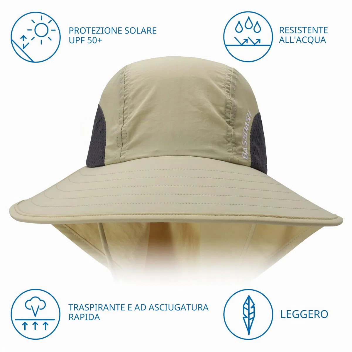 Bassdash Cappello da Sole Unisex UPF 50+ Cappello da Pesca Idrorepellente Tesa Larga con Ampia Protezione del Collo Coda di Cavallo Uomo Donna