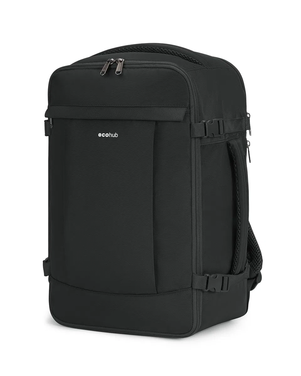 ECOHUB 20L Zaino Ryanair 40x20x25, Zaino Da Viaggio Aereo Bagaglio a Mano Con Scomparto Per Laptop 3D, Resistente all'Acqua Bagaglio a Mano 40x20x25 Ryanair, Riciclato Zaino Viaggio Donna Uomo, Nero