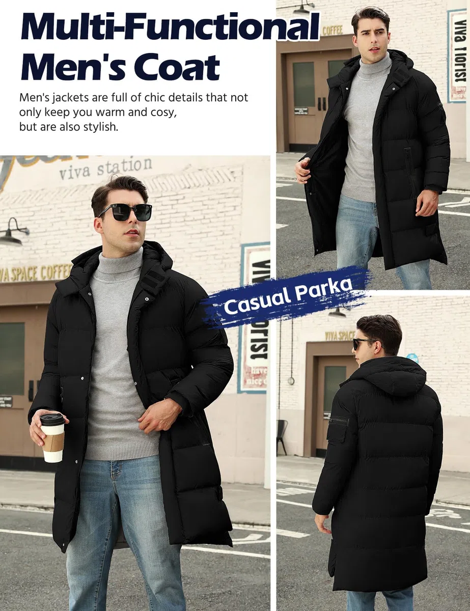 Yuson Girl Cappotto Uomo Invernale Parka Caldo Giacca Antivento Cappotto con Cappuccio Lungo Giubbotto Impermeabili Giaccone Trapuntata Cappotti con Cerniera e Tasche Giacca