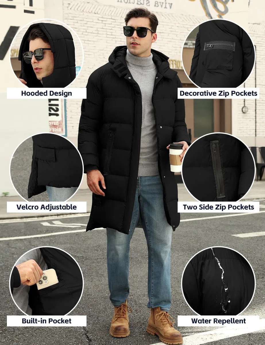Yuson Girl Cappotto Uomo Invernale Parka Caldo Giacca Antivento Cappotto con Cappuccio Lungo Giubbotto Impermeabili Giaccone Trapuntata Cappotti con Cerniera e Tasche Giacca