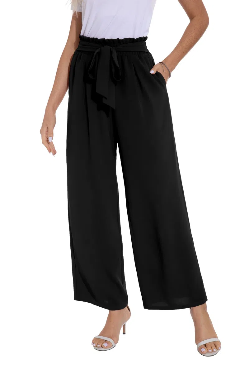 PrinStory Pantaloni estivi da donna a gamba larga, leggeri, elasticizzati, con tasche, pantaloni da lavoro casual