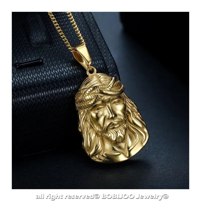 BOBIJOO JEWELRY - Pendentif Collier Tête de Jésus Christ Acier Inoxydable 316L Plaqué Doré Or Chaîne