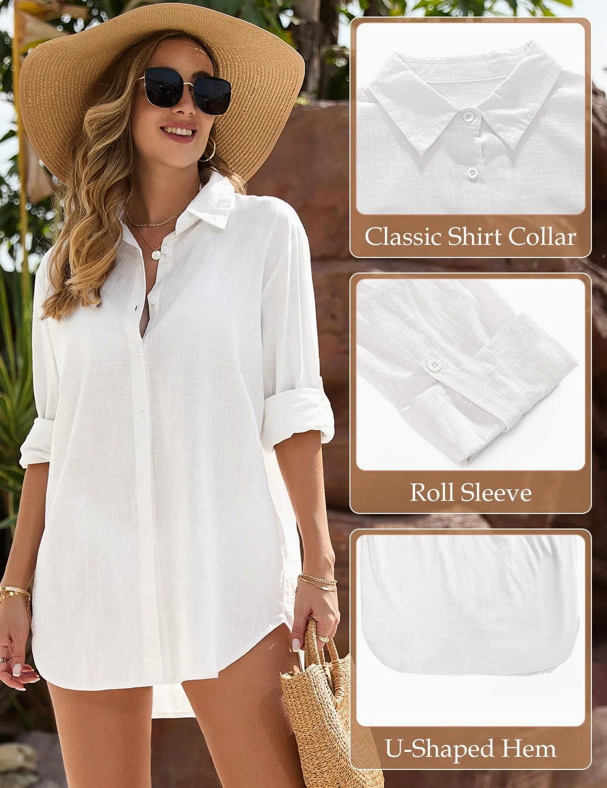 Vancavoo Copricostume Donna Mare Camicia Lunga Estiva Cotone Camicetta Scollo a V Copri Costume da Spiaggia Sciolti Casual Bikini Cover Up