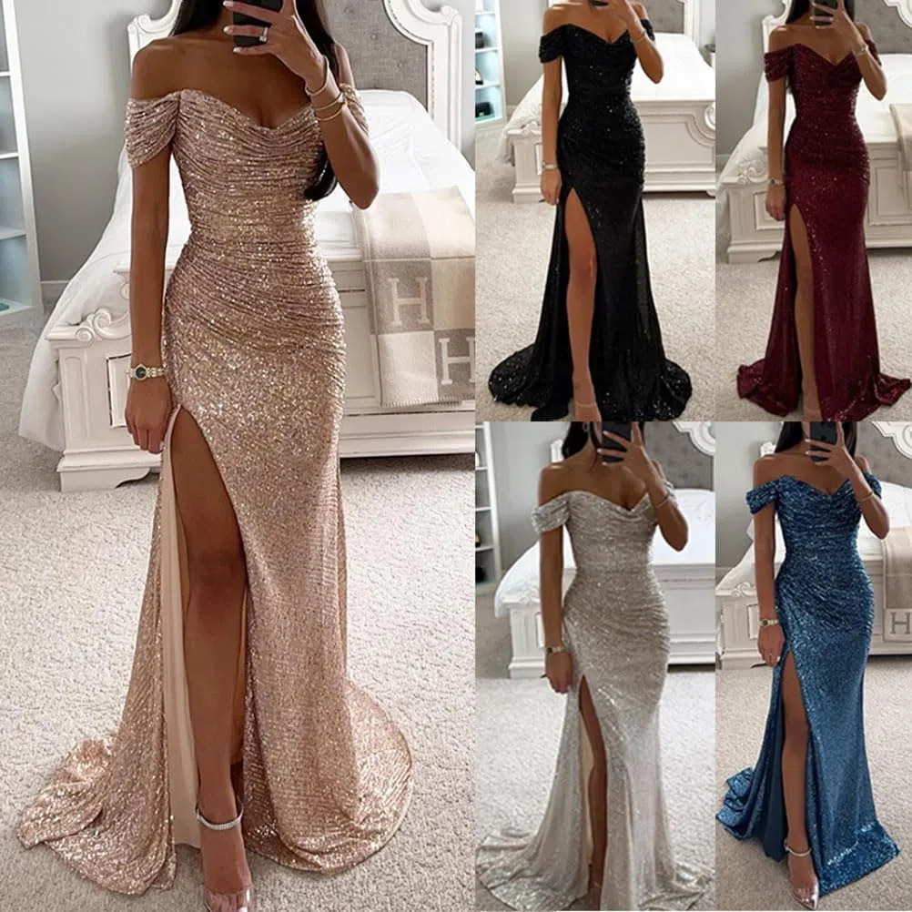 shownicer Abito da Donna Senza Maniche Scollo V Paillettes Vestito con Spacco Elegante Maxi Abito Lungo da Sera Cerimonia Cocktail Nozze Festa