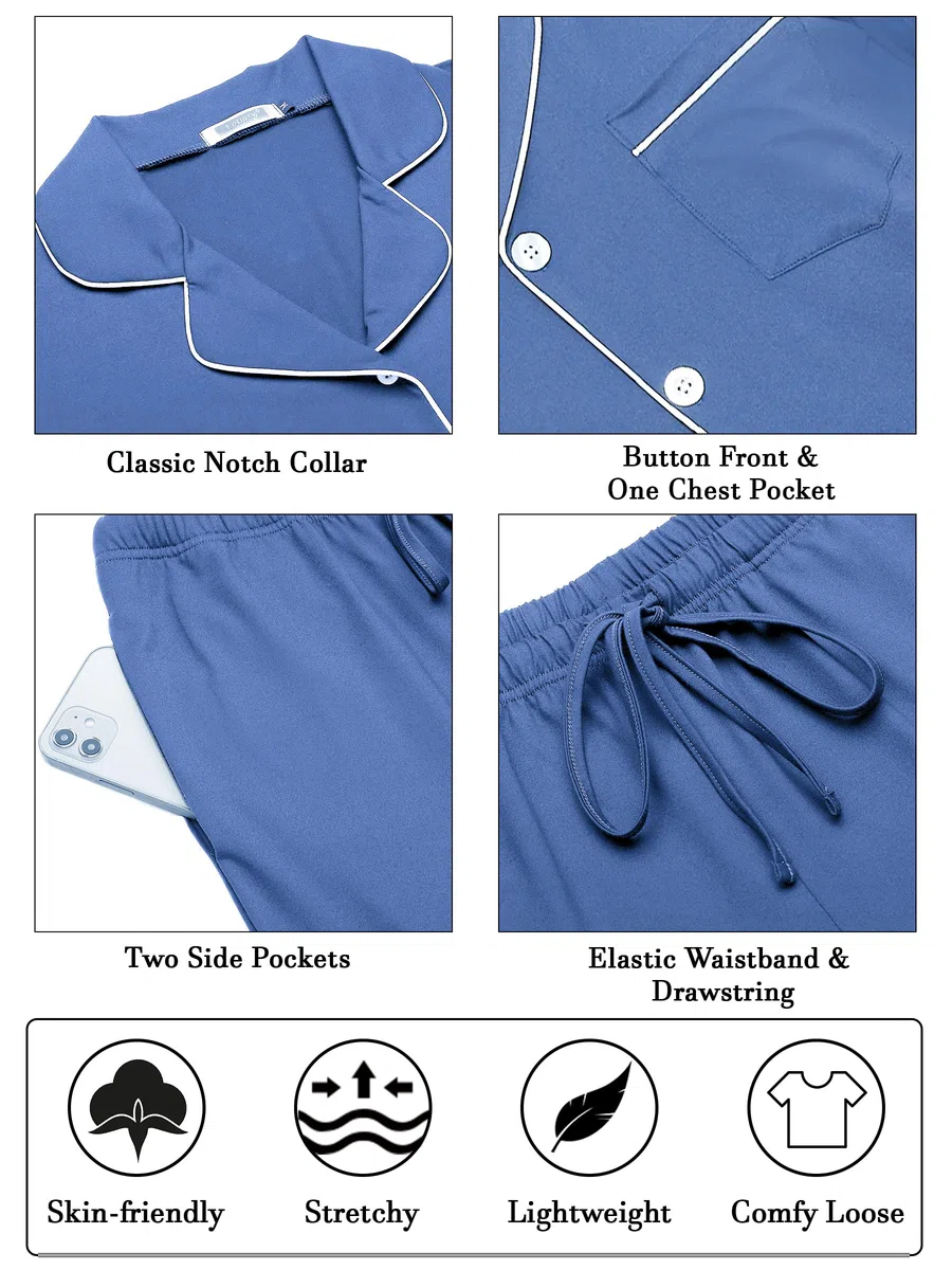 Lovasy Pigiama Uomo Cotone Set Lungo Pigiama Camicia con Bottoni sul Bavero Comodo Pantaloni Lunghi Traspiranti Pigiama da Casa Casual in Due Pezzi S-XXL