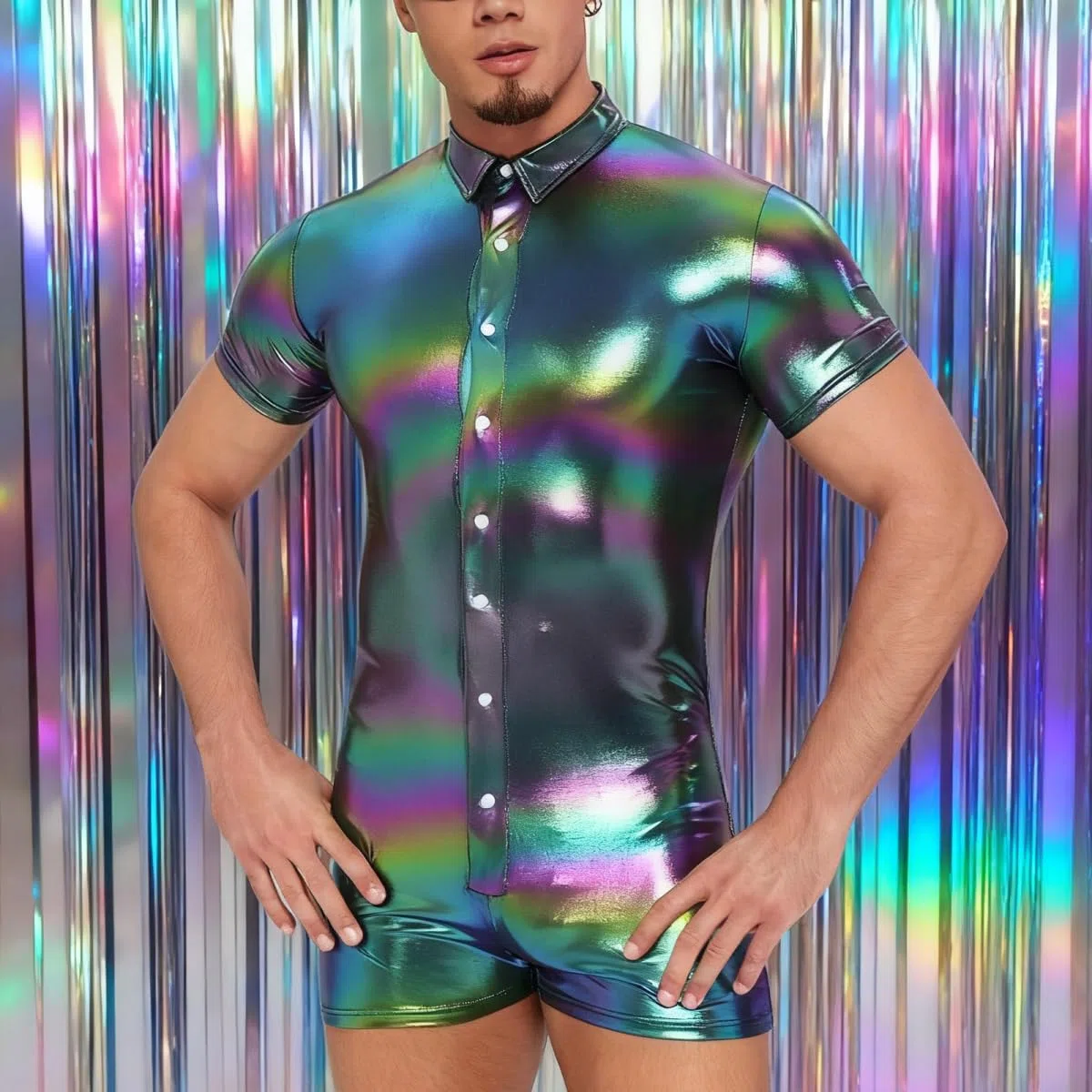 Landofgenie Body per Uomo in Metallo Optico, Pyjama a Maniche Corte, Bodysuit Monopezzo per Uomo