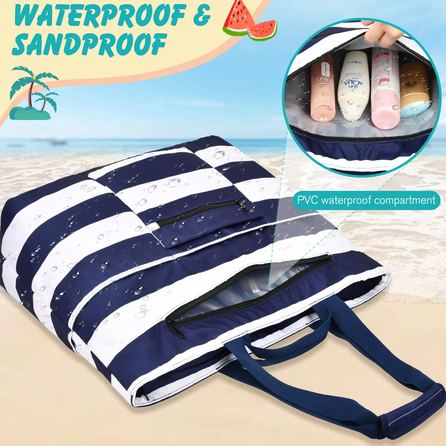 Borsa Mare Grande Borsa Spiaggia Donna XXL Famigli Impermeabile Beach Bag Con Zip Pieghevole Borsa Da Spiaggia Multitasche Tote Bag Per Spiaggia, Viaggio, Vacanza. 50L