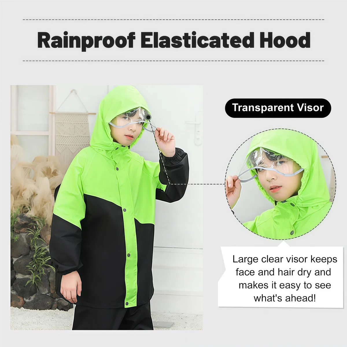 Volunboy Tuta Impermeabile Ragazze Ragazzi, Leggero Antipioggia Giacca & Pantaloni con Cappuccio Pioggia Completo