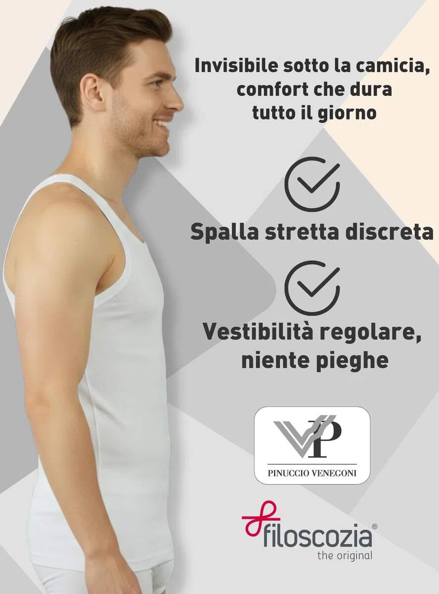 VP PINUCCIO VENEGONI Set 2 Canottiera Uomo Cotone Filo di Scozia Spalla Stretta | Canotta Uomo Bianca Intima, Cuciture Piatte, Filato Certificato, Traspirante, Lavabile in Lavatrice, Made in Italy
