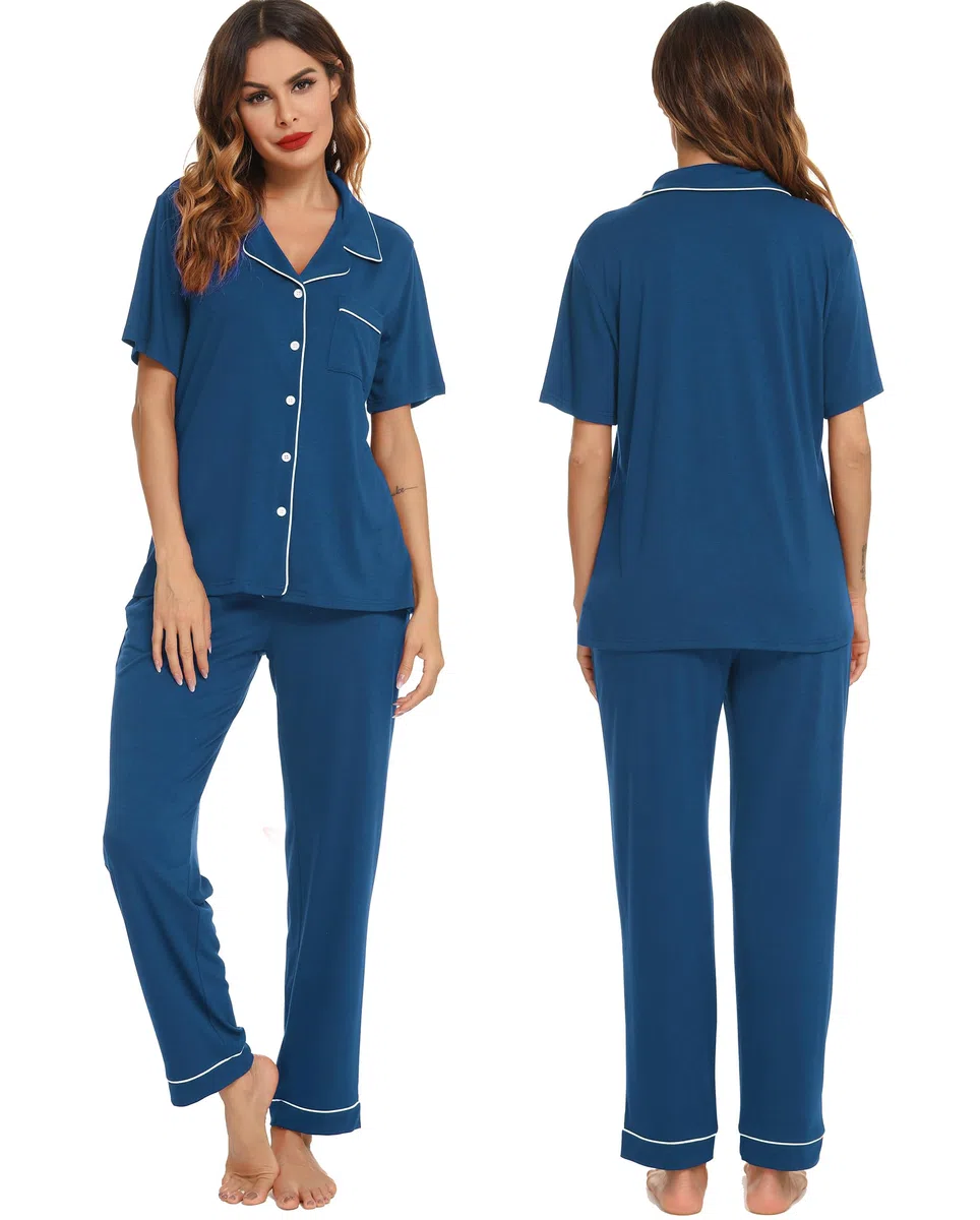 Lovasy Pigiama Donna Estivo Set,Corta Pigiama Camicia con Bottoni sul Bavero Comodo Pantaloni Lunghi Traspiranti Pigiama da Casa Casual in Due Pezzi S-XXL