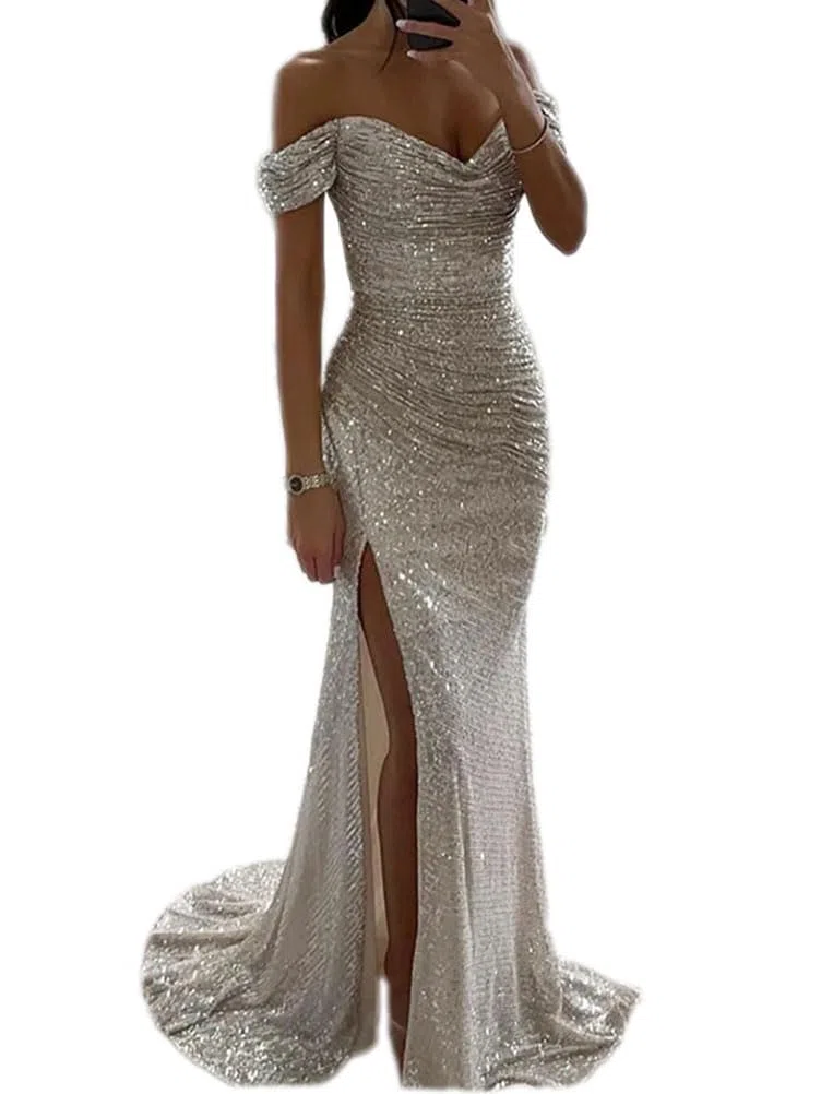 shownicer Abito da Donna Senza Maniche Scollo V Paillettes Vestito con Spacco Elegante Maxi Abito Lungo da Sera Cerimonia Cocktail Nozze Festa
