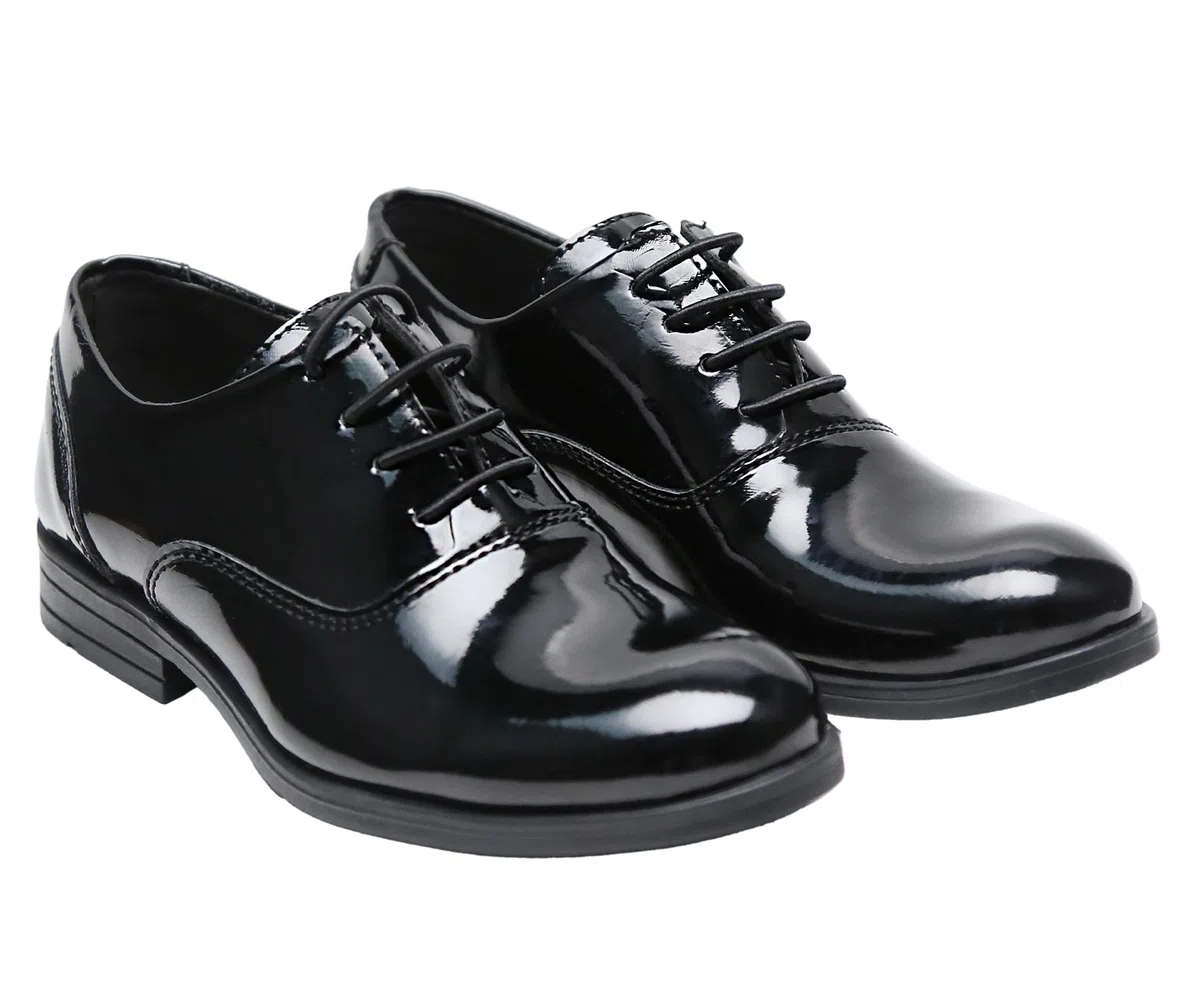 Scarpe Eleganti Oxford Nere verniciate da Ragazzo, Classiche Scarpe Formali da Ballo e da Sposa con Lacci