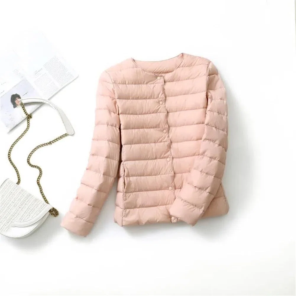 Piumino da donna ultra leggero tinta unita girocollo parka cappotto con bottoni sul davanti