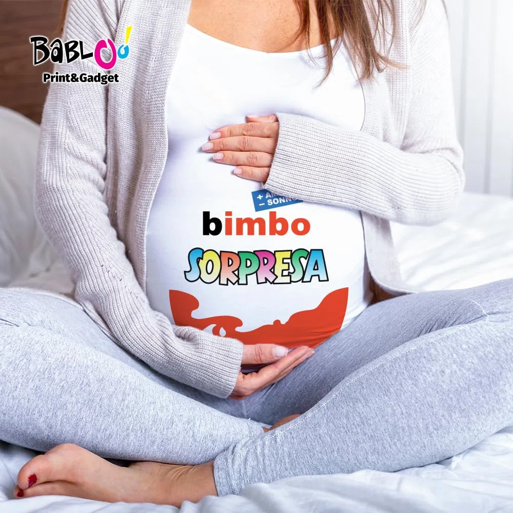 Babloo T Shirt Maglia Premaman Bimbo Sorpresa (L Manica Corta, Bianca Maschietto)