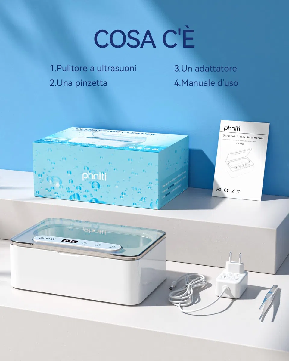 Phniti Pulitore Ultrasuoni, Pulitore Ultrasuoni Apparecchio Denti a 47KHz, Pulitore a Ultrasuoni da 330 ml Ultrasonic Cleaner, Portatile ad Pulitore Ultrasuoni Gioielli per Protesi, Occhiali, Orologi