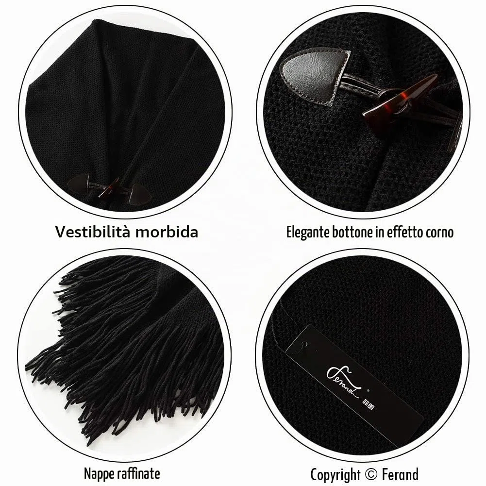 Ferand Poncho da Donna con Apertura sul Davanti Scialle a Mantella con Frange per l'autunno Inverno 2023