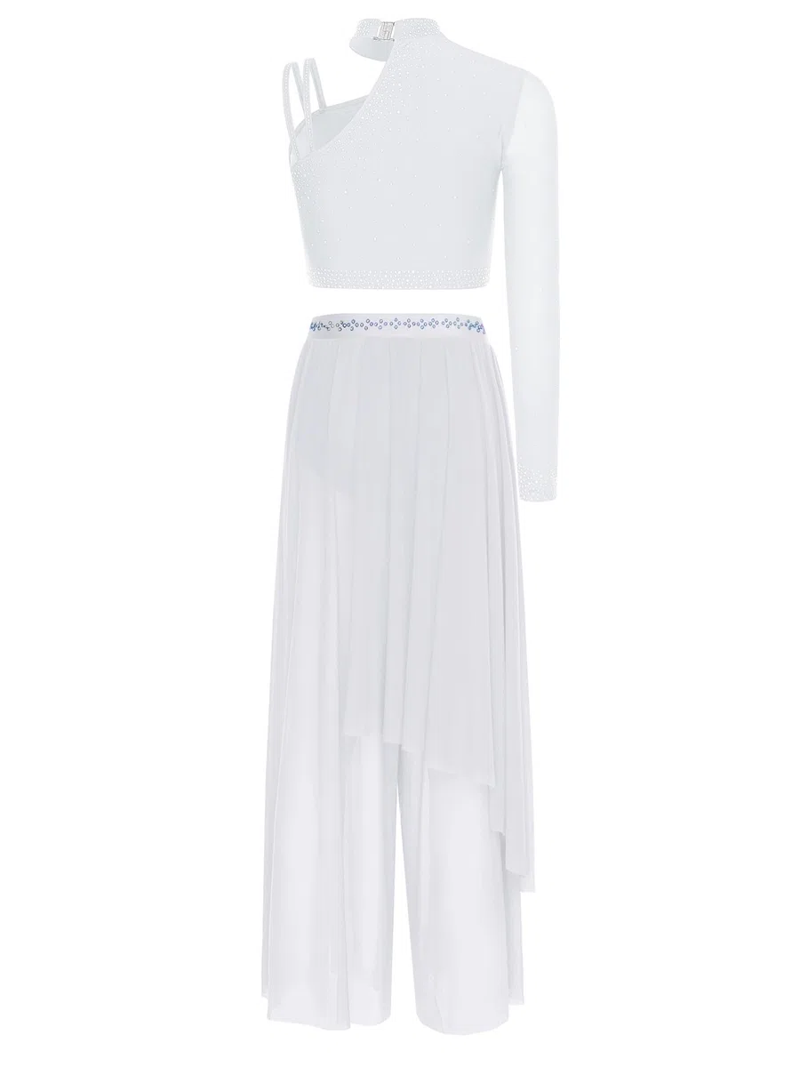 CHICTRY Set da Ballo Latino Americano Donna Monospalla Maglietta Danza Classica Moterna Crop Top + Pantaloni Chiffon Abito da Jazz Hip Hop Competizione