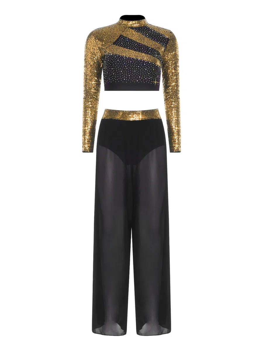 inhzoy Vestito da Ballo Lirico Contemporaneo Donna Completo da Ginnastica Ritmica con Strass Paillettes Crop Top Danza Classica Moderna + Pantaloni Lunghi Dancewear