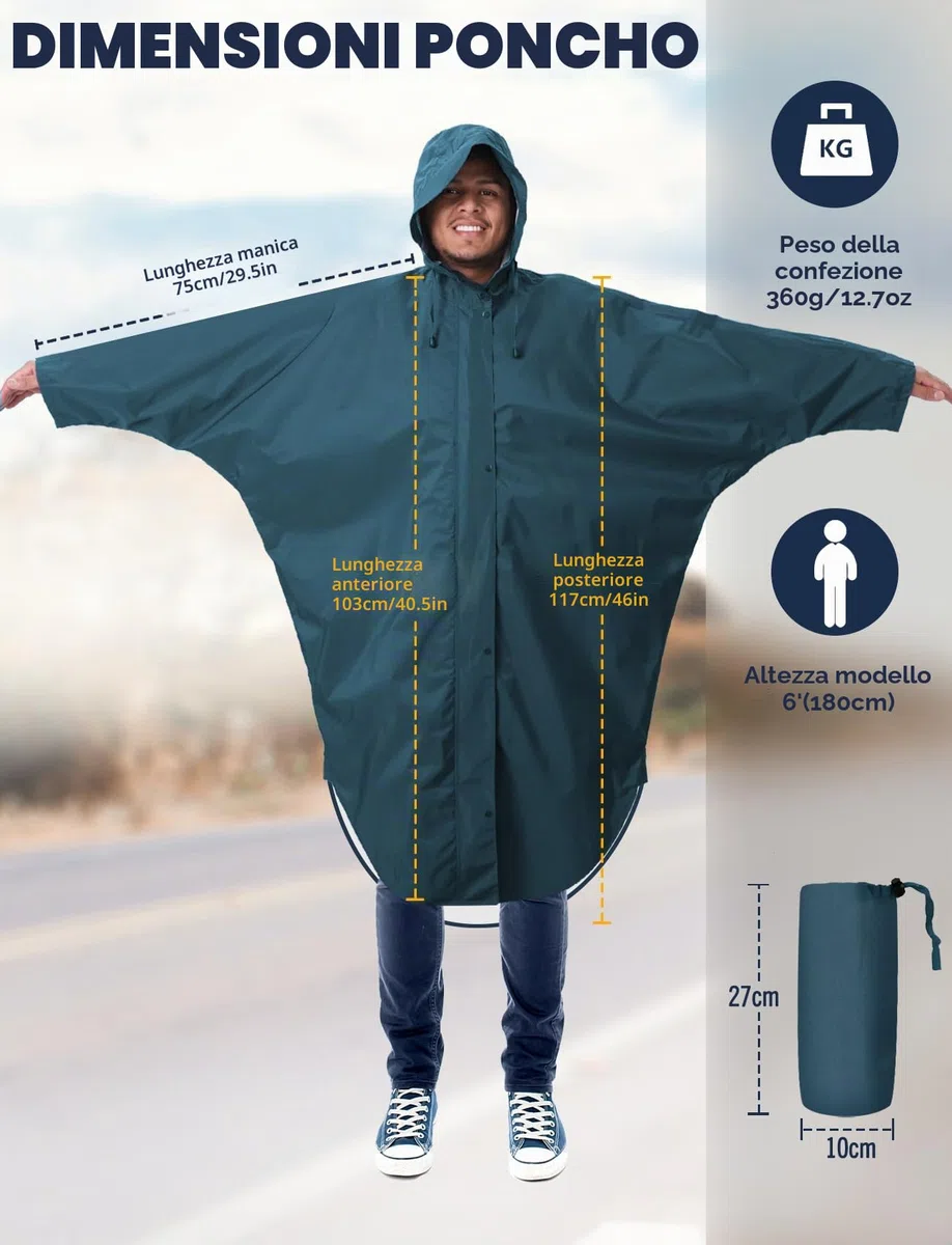 ANYOO Impermeabile Poncho Antipioggia con Cappuccio e Maniche, Giacca Antipioggia Leggera e Antivento per Donne e Uomini
