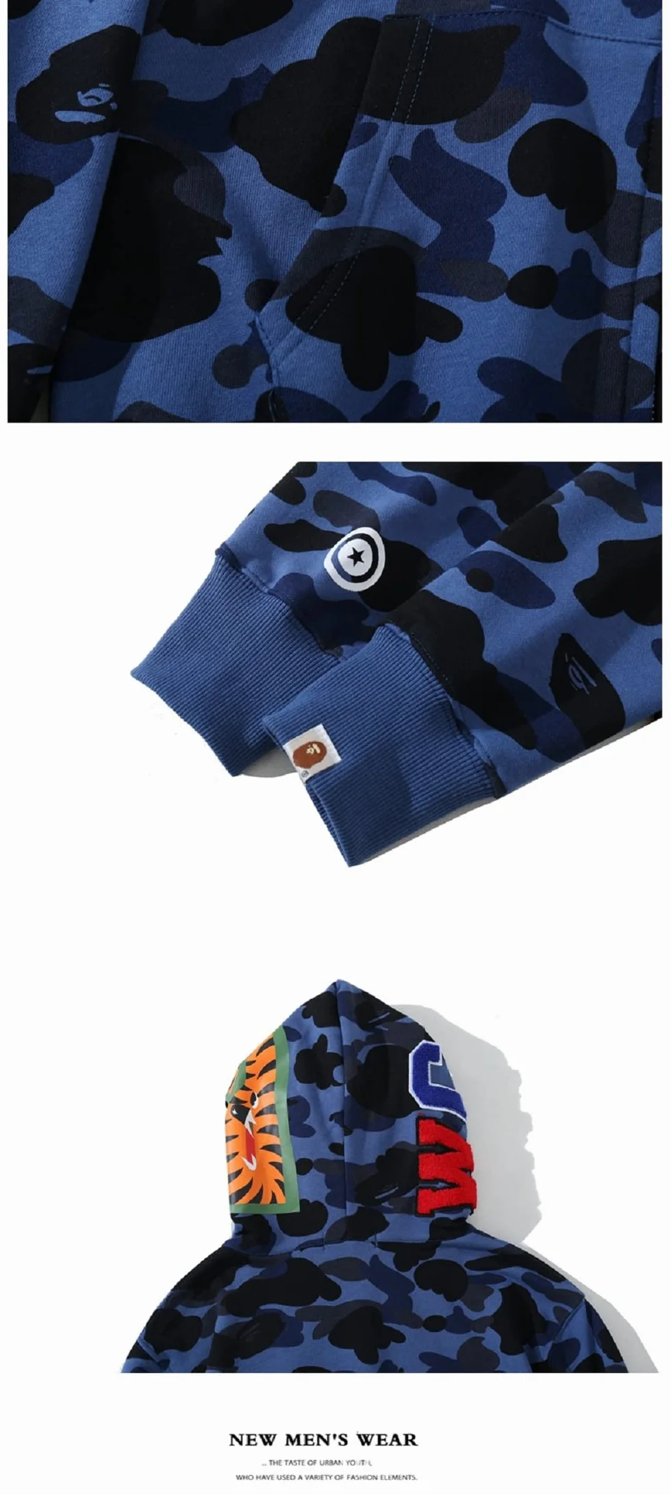 Uomo Felpa con Cappuccio Stampa Testa di Squalo Cerniera Giacca con Cappuccio Cardigan Manica Lunga Hip Hop Tops Sweatshirt Camouflage Cappotto con Cappuccio