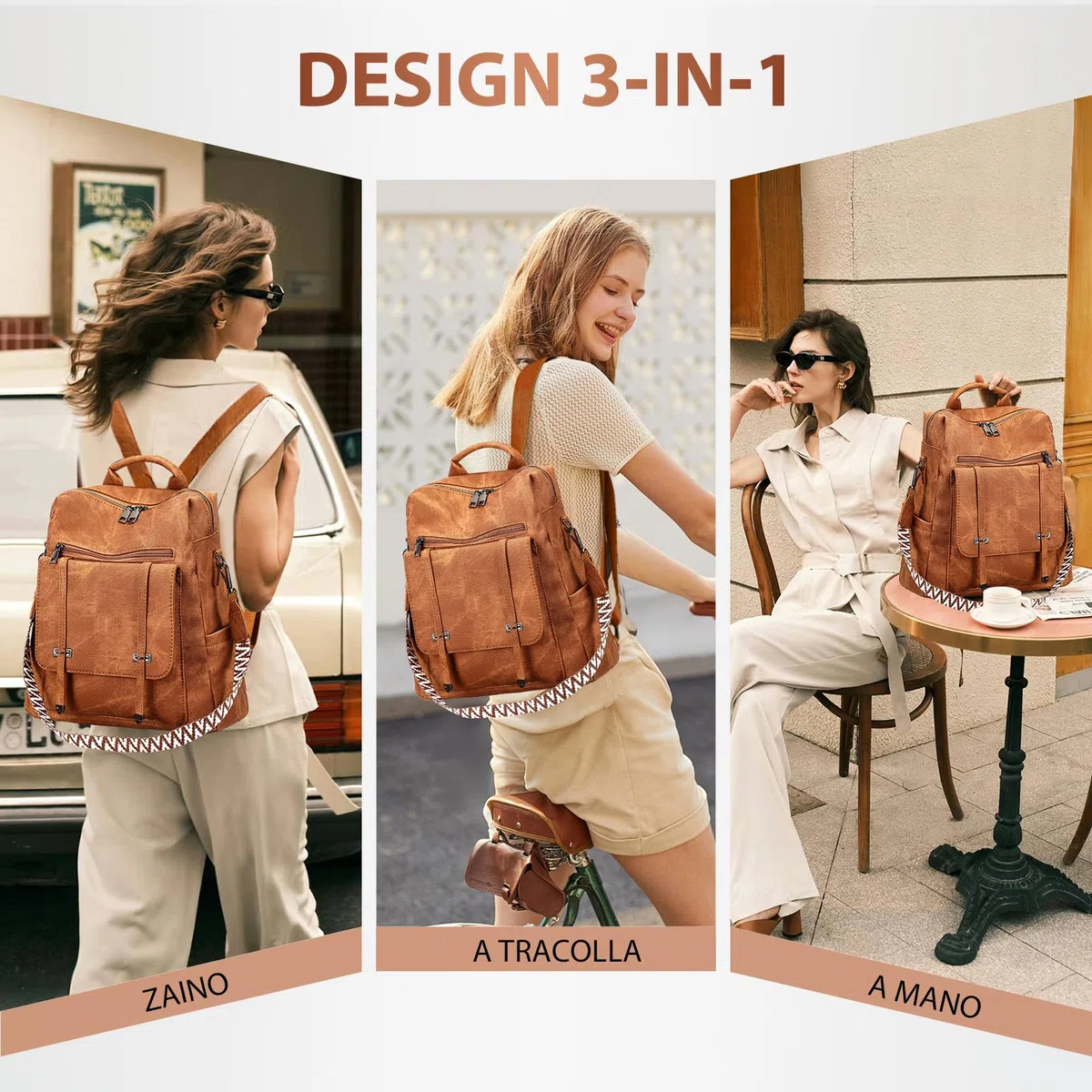 Leathario Zaino Donna in Pelle Vegana Impermeabile Antifurto,Borsa Elegante 3-in-1,Zaino da Lavoro, Viaggio e Uso Quotidiano(Marrone Smerigliato)