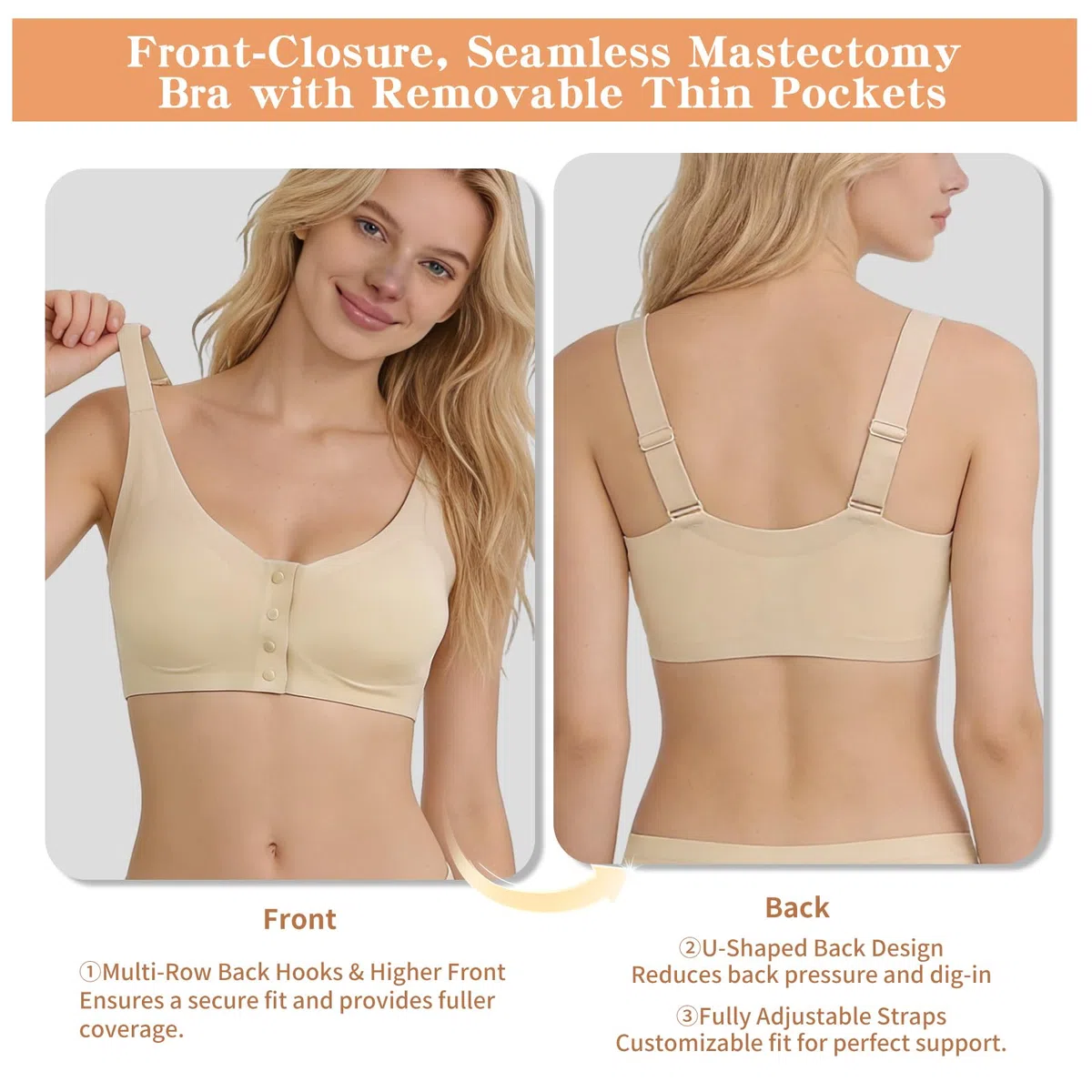 Lervanla Reggiseno per mastectomia post intervento chirurgico con tasche, chiusura frontale senza ferretto per forme del seno, spalline regolabili senza cuciture, reggiseno morbido comodo per tutti i
