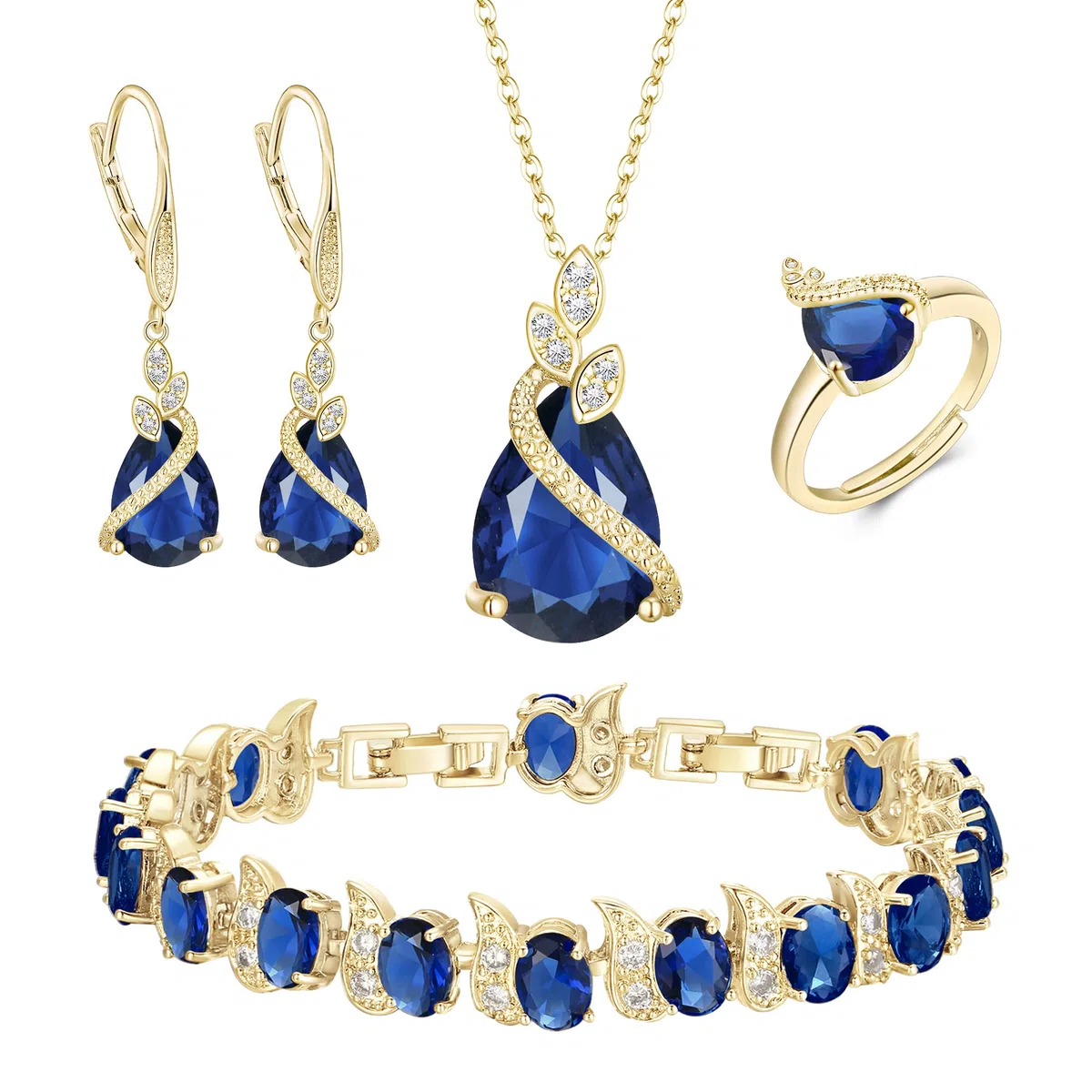 Set di Gioielli per Donne Argento Placcato Goccia Zirconia cubica Collana Aperta Anello Regolabile Orecchini Bracciale per Matrimonio/Anniversario/Festa della Mamma