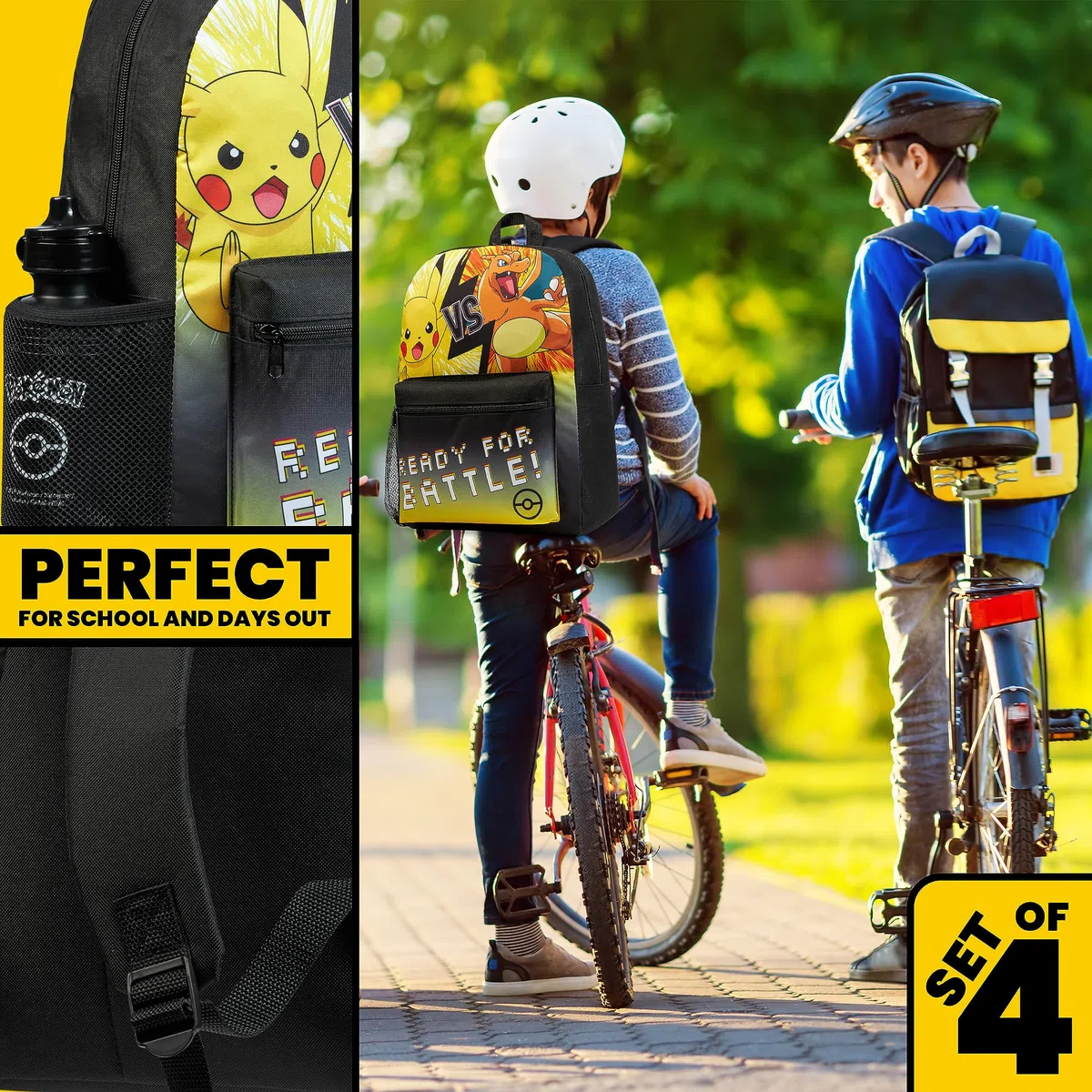 Pokémon Zainetto Bambino Set 4 Pz Zaino Borraccia Astuccio Borsa Porta Pranzo o Portafoglio Anime Accessori Scuola Regalo Bambini (Nero/Giallo 4 Pz Set)