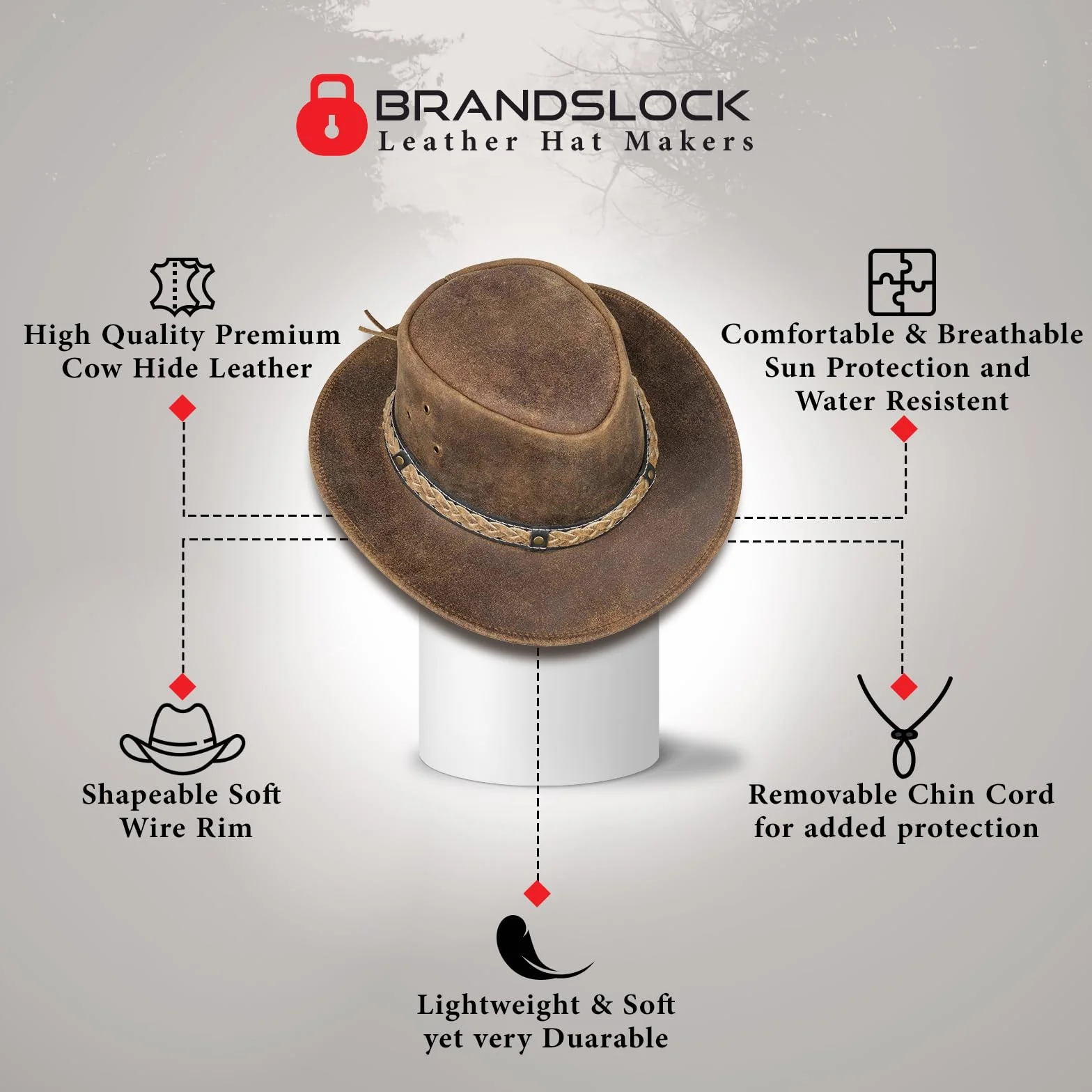 Pamposh Cowboy Cappello per Uomo e Donna-Premium Pelle Australiano Cappello-Fatto a Mano Leggero Western-Modellabile Tesa Larga Cowgirl