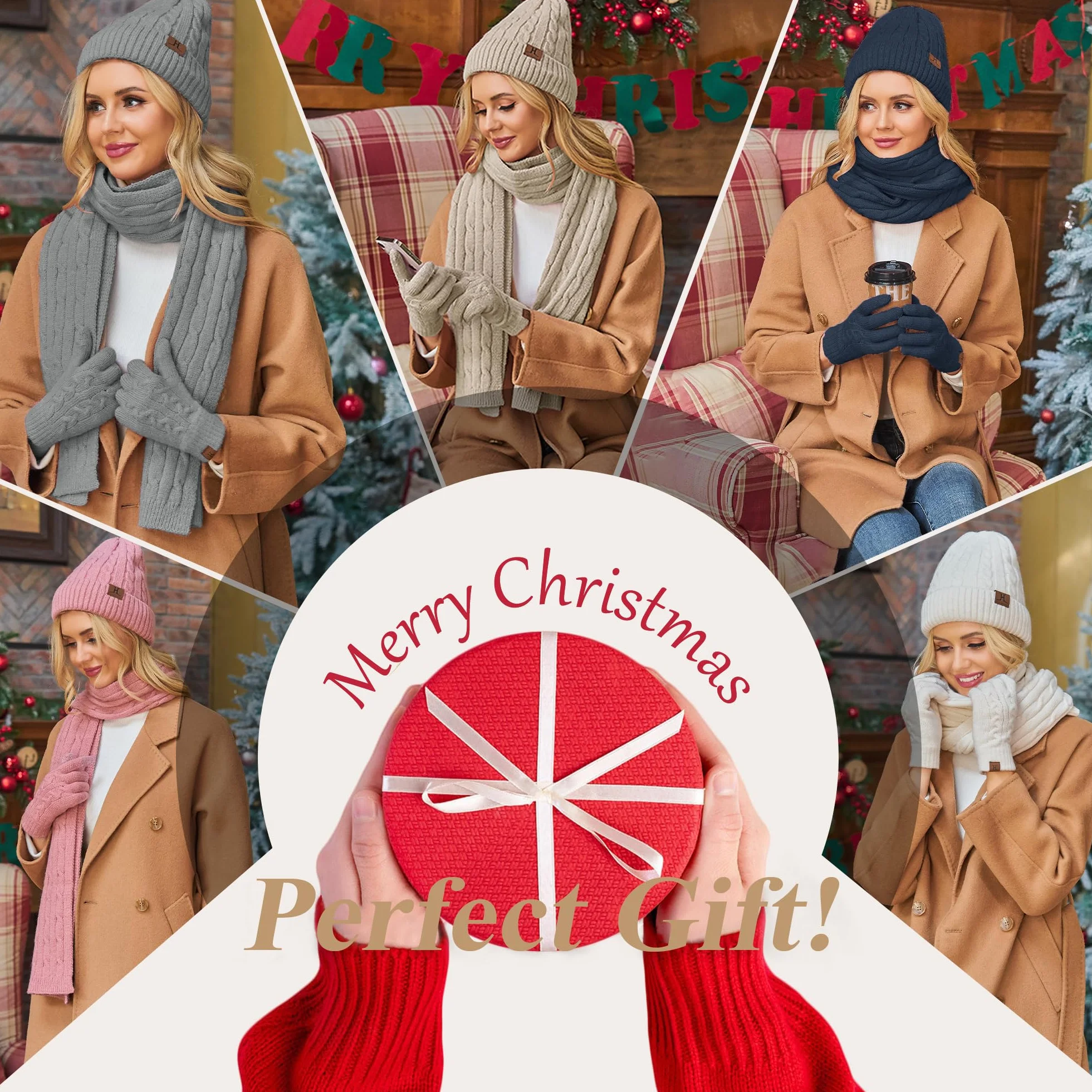 ZASFOU Donna Cappello Invernale Sciarpa Guanti Touch Screen Set Caldo Pile Foderati in Maglia Berretto Cappelli Sciarpe Lunghe Guanto Regalo per Donna Compleanno Natale