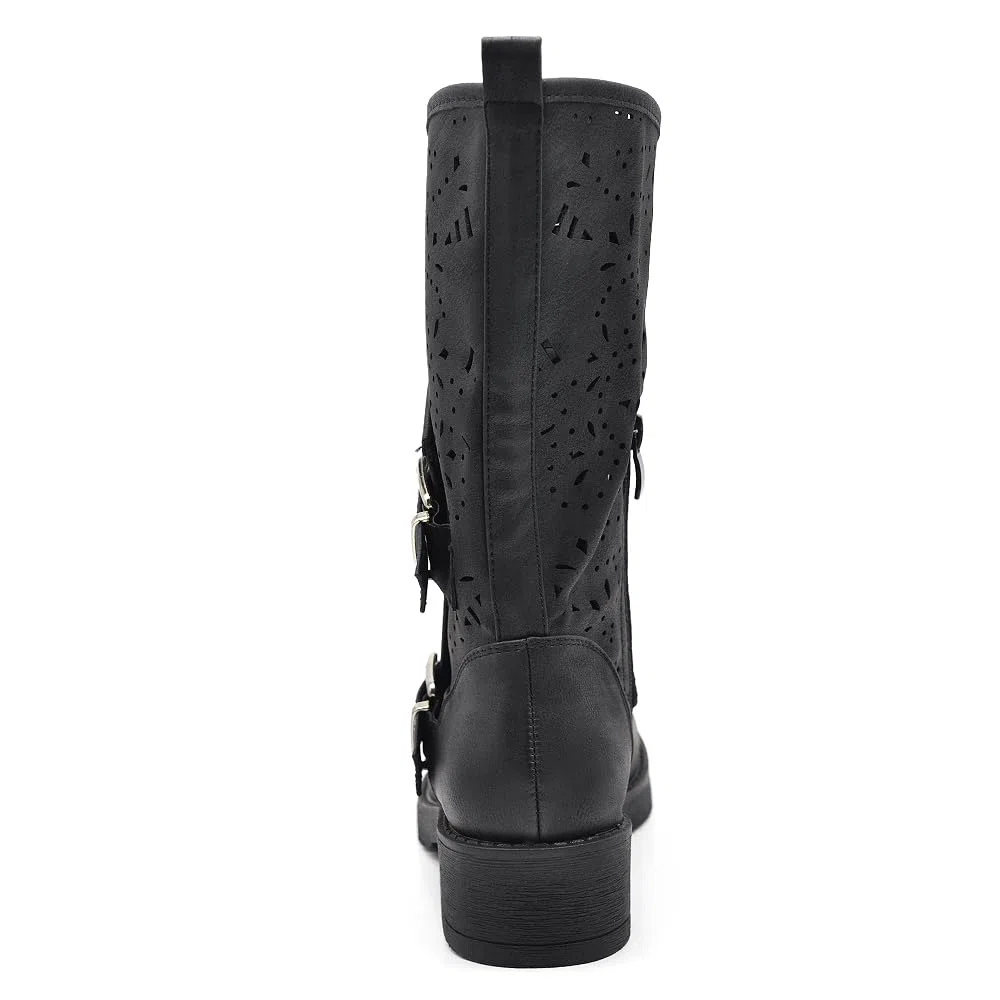 IF Fashion Scarpe Stivali da Donna Al Polpaccio Largo Biker Motociclista Con Fibbie Anfibi WZ688-66