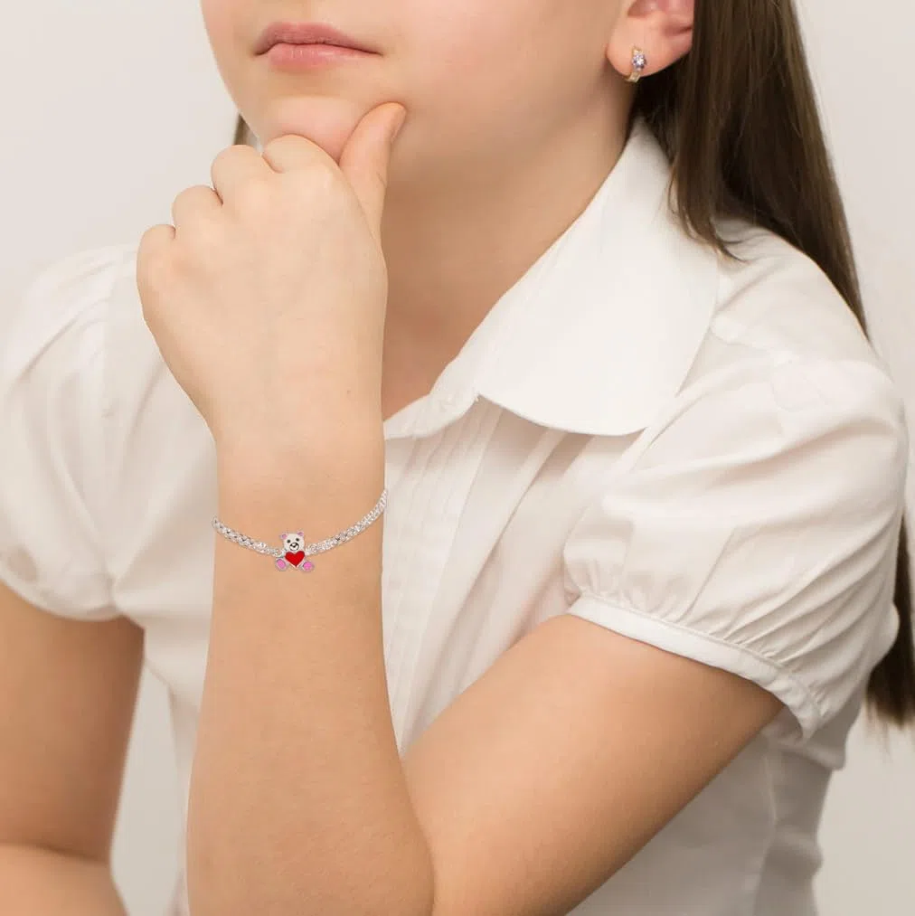 Bracciale Bambini in Argento Sterling 925 con Orsetto abbraccia Cuore smaltato rodiato, perfetto per bambine bambini ragazzine e amiche, Regalo per Nascita Comunione Battesimo Compleanno con Scatola