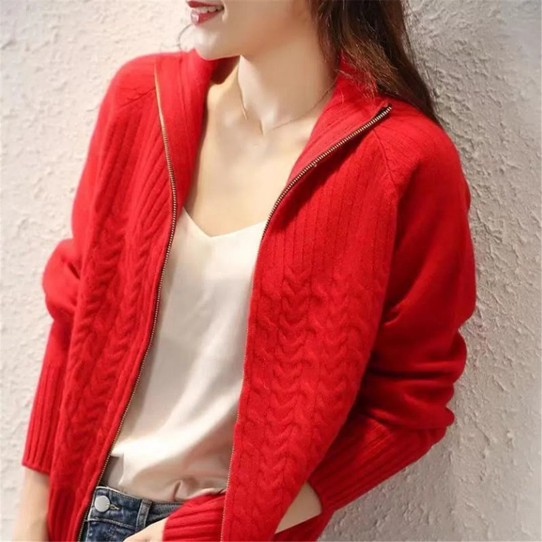 Ownwfeat Maglione Cardigan da Donna con Cerniera E Collo Alto, Maglione Casual Intrecciato